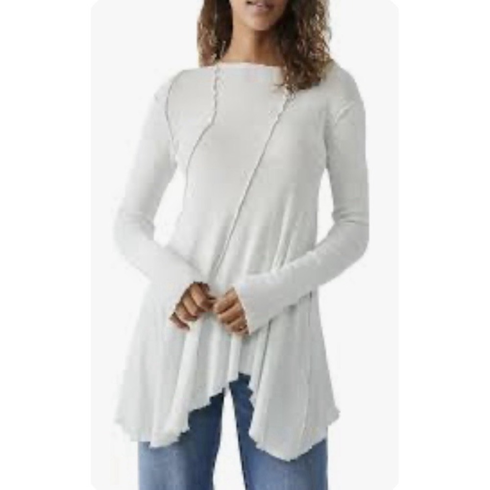 We the Free Asymetrical Knit Swing Top Ivory Oversized Sz L Gauzy Beachy